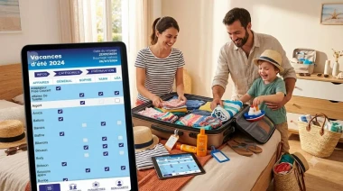 Une famille prépare joyeusement une valise dans une chambre lumineuse. Au premier plan, une tablette affiche l'application Partir-léger.fr sous forme de tableau bleu avec les colonnes « Général », « Sophie », « Yann » et « Léa », montrant les cases cochées pour chaque membre de la famille la veille du départ.